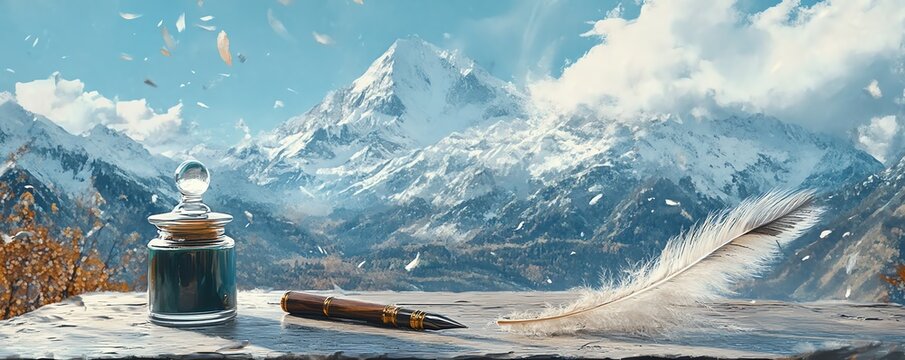 Une plume et un encrier sur une table avec des sommets enneig&eacute;s en arri&egrave;re-plan..