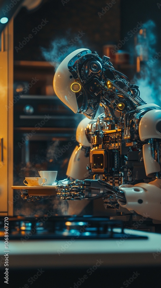 Poster futuristic android with exposed intricate machinery sips coffee in dimly lit room, blending human-li