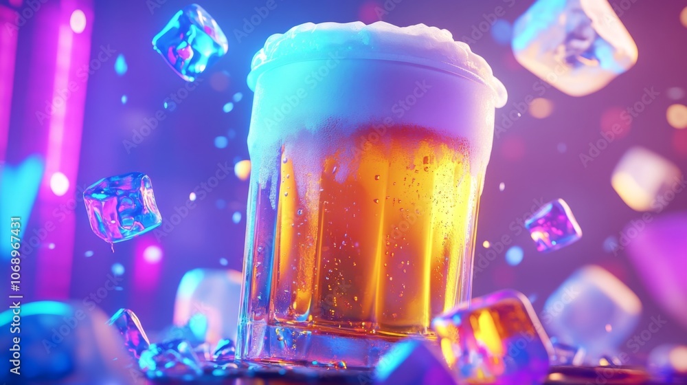 Poster refreshing beer with ice cubes and colorful lights