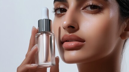 Close-up of an Indian woman with glowing skin holding a dropper bottle for skincare or cosmetic product, ideal for beauty product marketing and skincare promotions