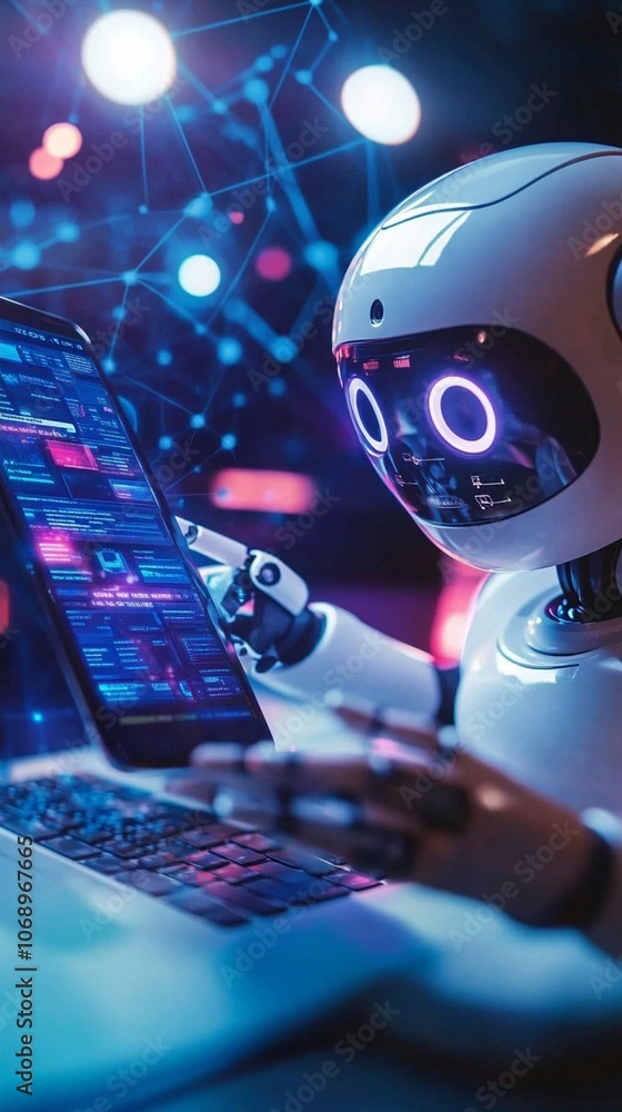 Poster futuristic ai robot with glowing eyes interacts with digital interface, surrounded by vibrant lights