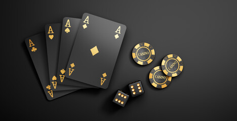 Four black casino playing cards with gambling dice and gambling chips on dark background - 3D illustration