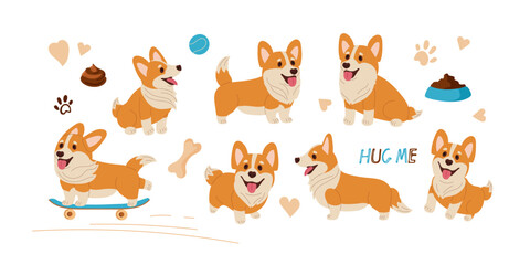 Corgi set. Adorable Corgi Collection, Playful Set of Cute Corgi Illustration Featuring Various Poses, Expressions and Accessories for Pet Lovers. Flat vector illustration isolated on white background