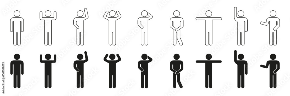Poster man figure line and silhouette icon set in various poses. stick figure with different gesture and po
