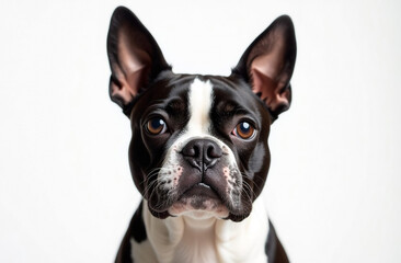Portrait of a Boston Terrier dog on a white background.