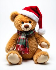 Cute teddy bear wearing a red Santa hat and a colorful, holiday-themed scarf, bringing warmth and joy to the festive season.