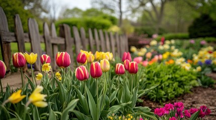 A vibrant garden filled with blooming tulips and colorful flowers near a wooden fence.