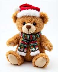 Fototapeta premium Cute teddy bear wearing a red Santa hat and a colorful, holiday-themed scarf, bringing warmth and joy to the festive season.