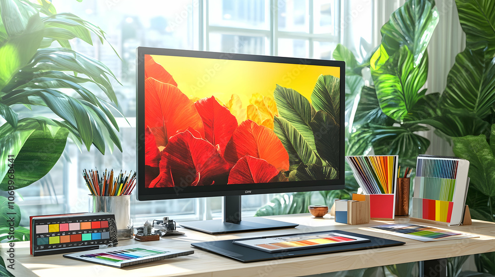 Poster modern workspace with a computer monitor, tablet, and art supplies on a desk with a window in the ba
