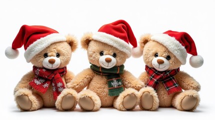 Cute teddy bear wearing a red Santa hat and a colorful, holiday-themed scarf, bringing warmth and joy to the festive season.