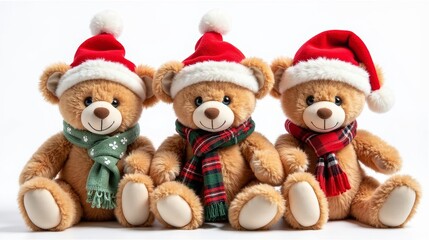 Cute teddy bear wearing a red Santa hat and a colorful, holiday-themed scarf, bringing warmth and joy to the festive season.