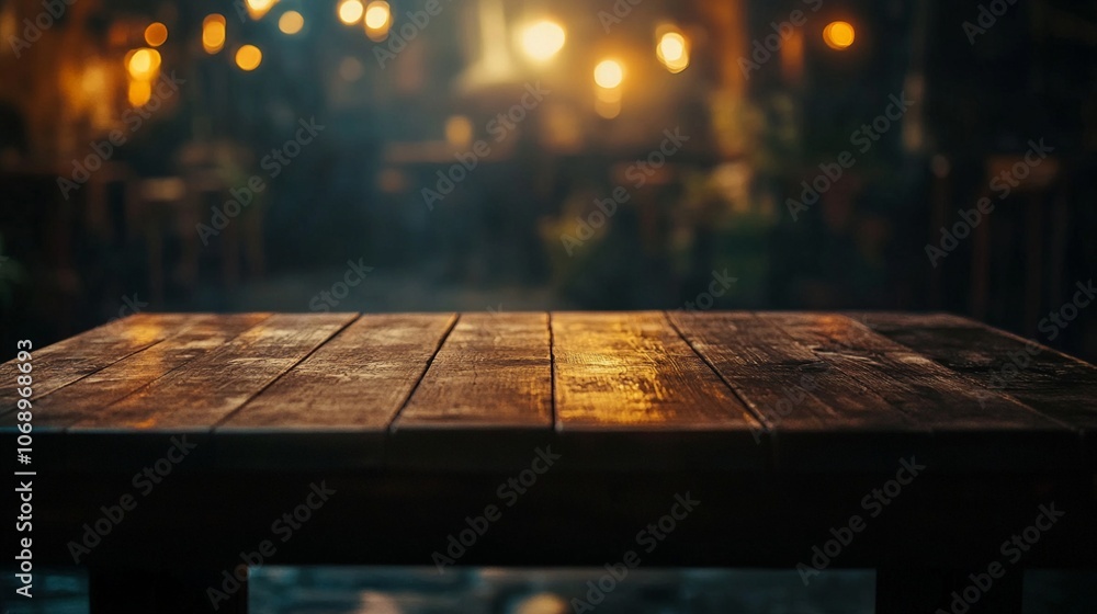 Poster rustic wooden table in foreground with blurred warm lights in background, creating cozy ambiance. pe