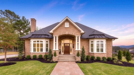 Elegant Brick Home with Lush Landscaping and Welcoming Entrance, Perfect for Modern Living