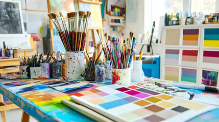 Paintbrushes and color swatches on a table in an artist's studio.