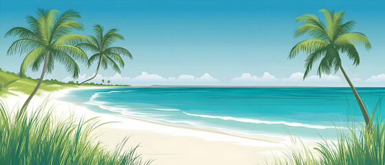 Fototapeta premium Palm trees and lush grass grow along a pristine white sand beach with blue ocean waves in the background.