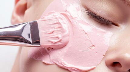 Woman applying thick pink clay face mask on smooth skin for beauty product promotion and spa advertising