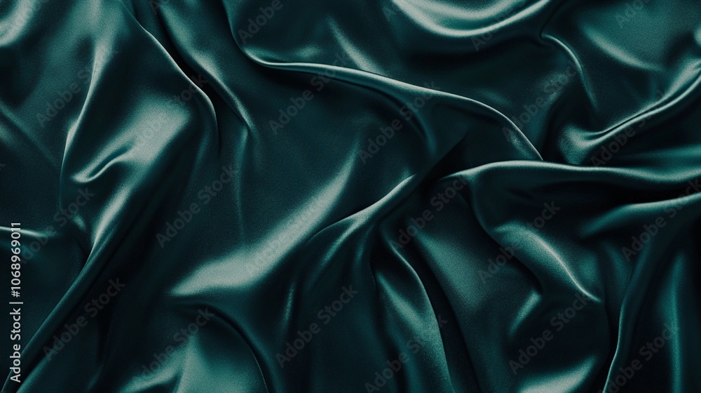Poster luxurious deep teal satin fabric drapes in elegant folds, creating a mesmerizing play of light and s