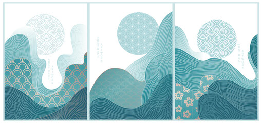 abstract japanese landscape on background with gradient, blue colours, 3 artworks collection