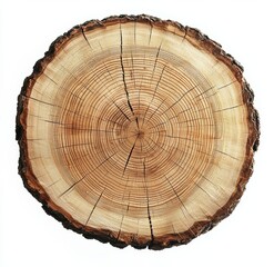 Fototapeta premium Large circular piece of wood cross section with tree ring texture pattern and cracks. Detailed organic surface from nature. , isolated on white background, , copy space for text,