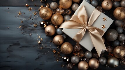 Bright and festive Christmas arrangement with decorative balls and a gift box, perfect for holiday-themed designs.