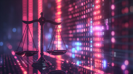 Balanced justice scales on binary data background, intersection of law and technology. Generative AI
