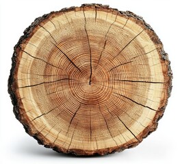 Fototapeta premium Large circular piece of wood cross section with tree ring texture pattern and cracks. Detailed organic surface from nature. , isolated on white background, , copy space for text,