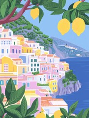Vibrant Italian coastal town illustration with lemon trees for travel posters and Mediterranean decor