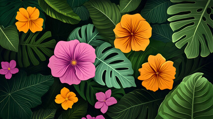Vibrant tropical flowers and leaves on a dark background. (1)