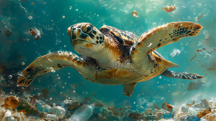 Obraz premium Sea turtle swims through polluted waters filled with plastic debris. Generative AI