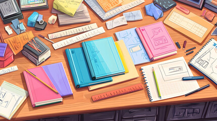 A cluttered desk with books, papers, pens, and other stationery items.