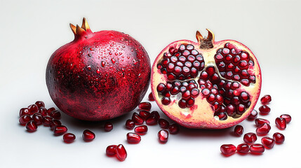 Ripe pomegranate with juicy seeds on light surface, fresh and delicious form. Generative AI