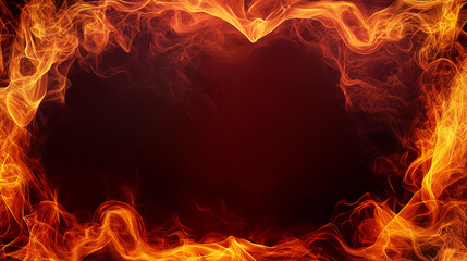 Fiery flame border with dark center background for text space. Dark frame, postcard, banner, card. Copy space.