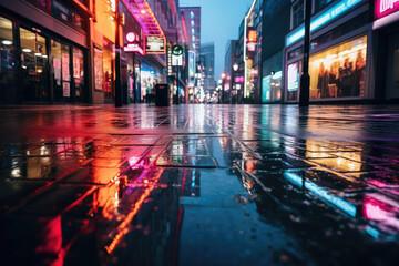 Obraz premium Rainy Night in Neon-Lit Urban Shopping District