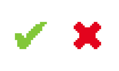Fototapeta premium Check Icon with Right and Wrong Circle Buttons. Buttons of Green Check and Red Cross Icon in Pixel Art Style. Check Mark Icon. Isolated Vector Illustration