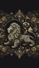 Black wallpaper with gold design of lion