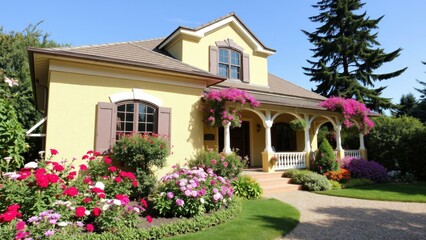 Fototapeta premium Charming Yellow Cottage with Beautiful Garden and Pink Flowers, Perfect for Home Decor or Real Estate Advertising