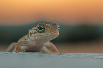 Close-up of a lizard against a colorful sunset in a natural habitat