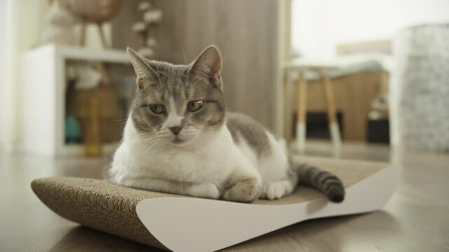 Cat Relaxing on a Modern Scratch Board in a Cozy Room
