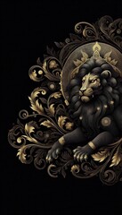 Fototapeta premium Black wallpaper with gold design of lion