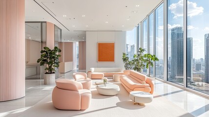 A large living room with a pink color theme