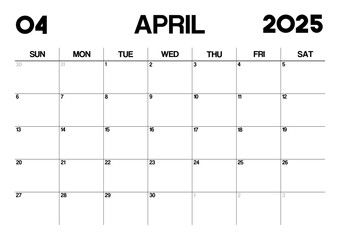 Printable Monthly Calendar Template for April 2025. Minimalist Style Calendar in Landscape Format. Week Starts on Sunday. Calendar Planner for 2025 year.