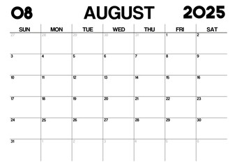 Printable Monthly Calendar Template for August 2025. Minimalist Style Calendar in Landscape Format. Week Starts on Sunday. Calendar Planner for 2025 year.