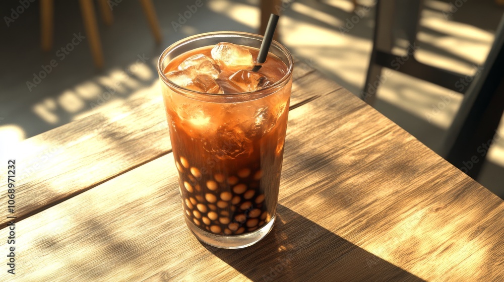 Poster Refreshing Beverage in a Sunlit Cafe Setting