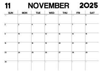 Printable Monthly Calendar Template for November 2025. Minimalist Style Calendar in Landscape Format. Week Starts on Sunday. Calendar Planner for 2025 year.