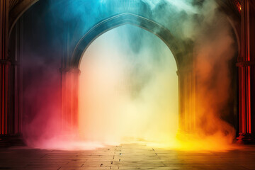 Mystical Archway with Colored Fog and Dramatic Lighting
