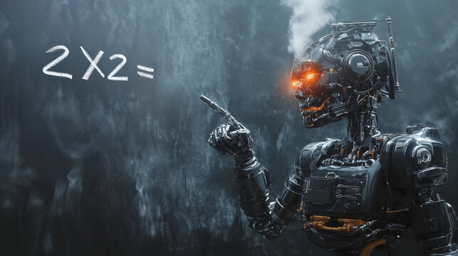 A futuristic robot overheats and emits smoke, struggling to solve a basic math problem, displayed on a chalkboard