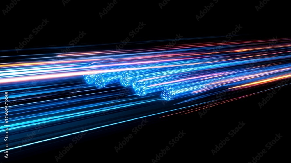 Poster futuristic light trails with glowing blue spheres: a dynamic visualization of high-speed data transf