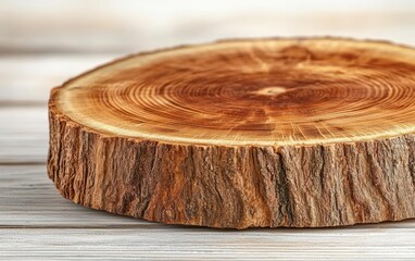 Wood round slice on desk , isolated on white background,  , copy space for text,