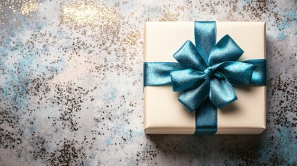 white gift box with blue ribbon and bow on light background top view copy space