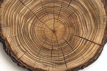 Naklejka premium Wooden texture from cut tree trunk of maple tree, closeup. Cross section of a tree trunk. Top view , isolated on white background, , copy space for text,